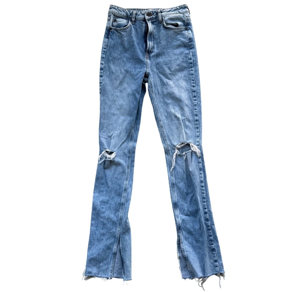 Zara Distressed Hi-Rise Straight Leg Jeans Women's 4 Blue Denim Slit Hem Acid - Picture 13 of 13